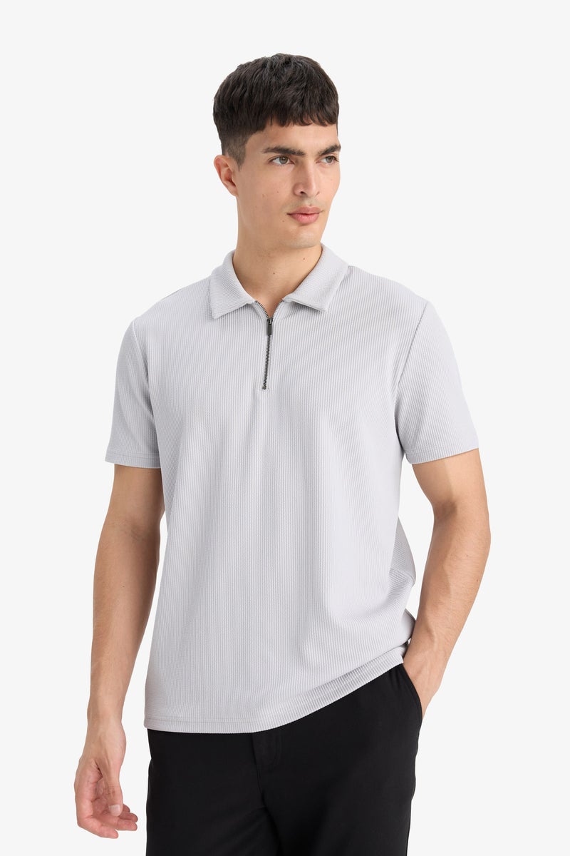 DeFacto Grey Man Regular Fit Half Zip Pleated Polo T-Shirt Casual - Image 3